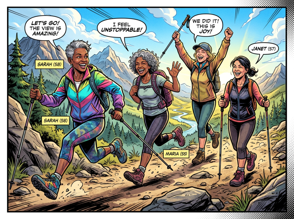 Four women hiking energetically on a mountain trail with hiking poles and backpacks